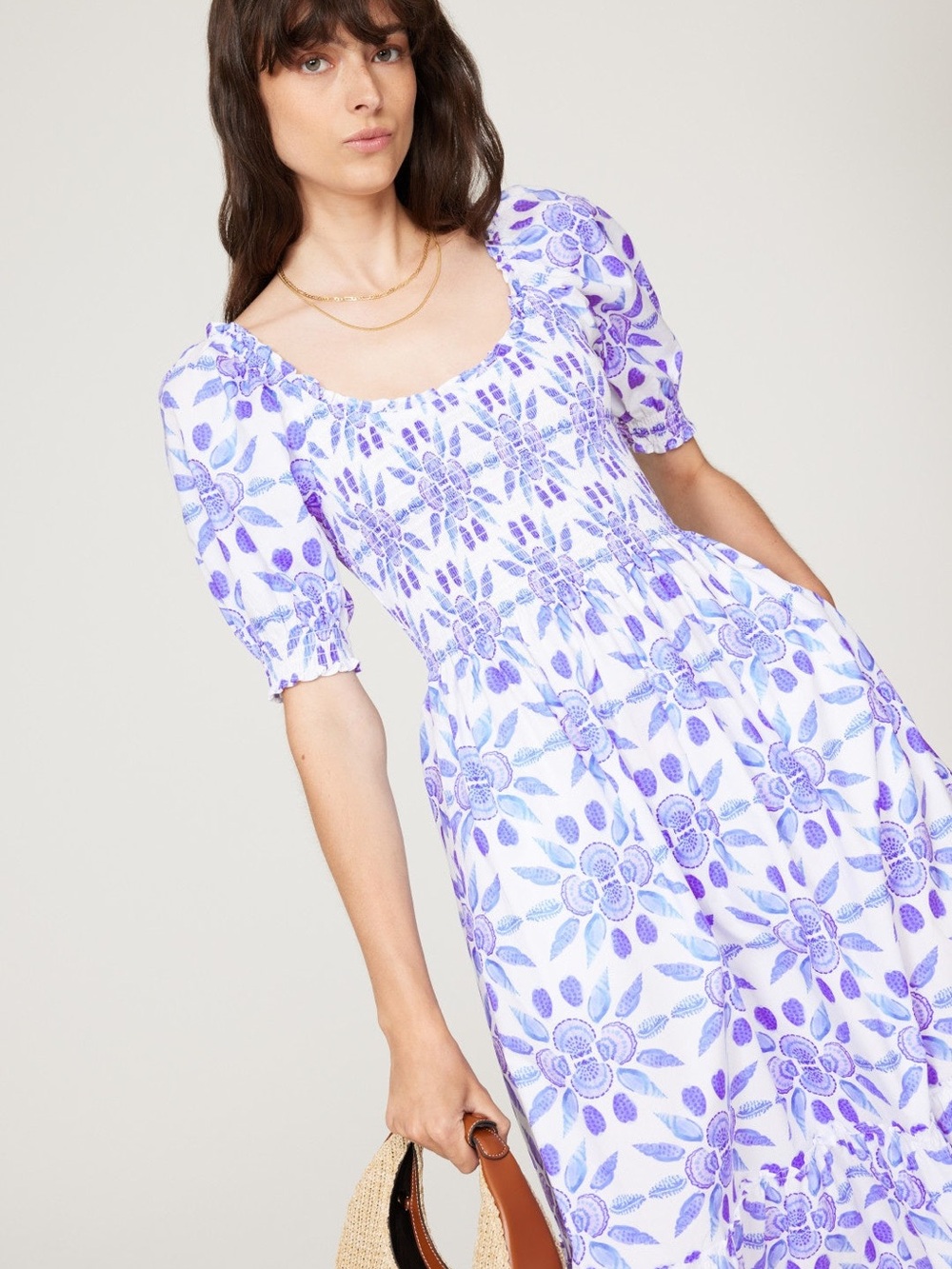 Hill House Blue Purple Shell Louisa Mosaic Floral Smocked Midi Dress Medium M 🐚 - Picture 2 of 6